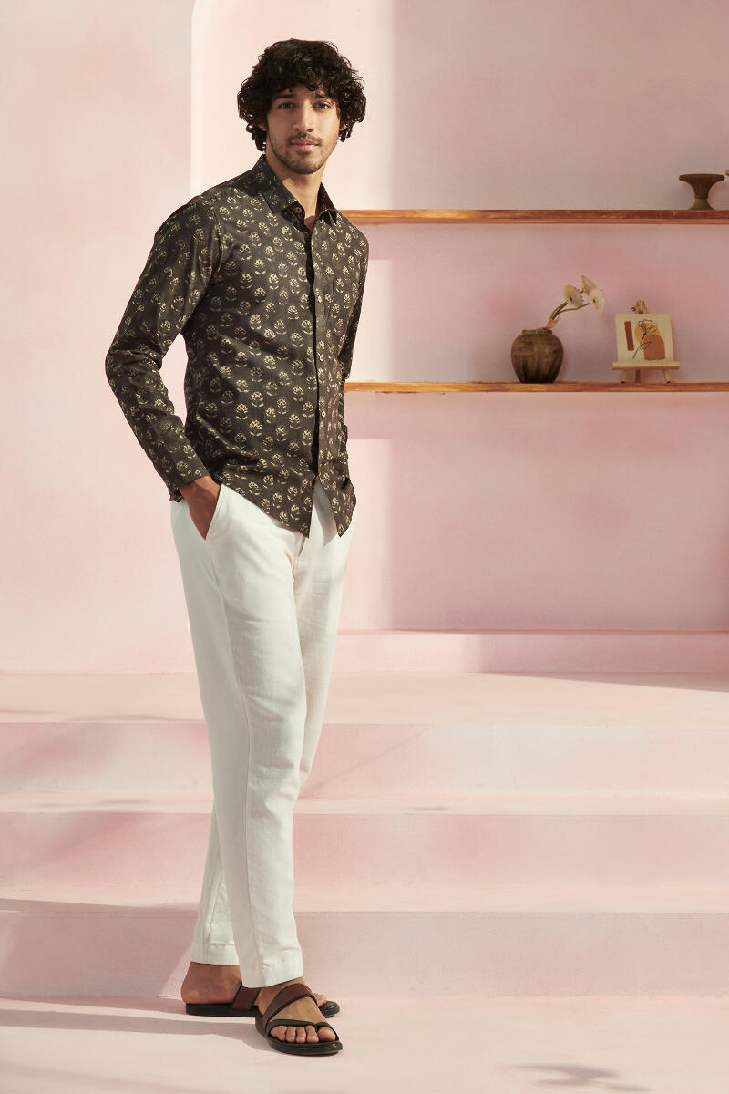Brown Block Printed Cotton Shirt
