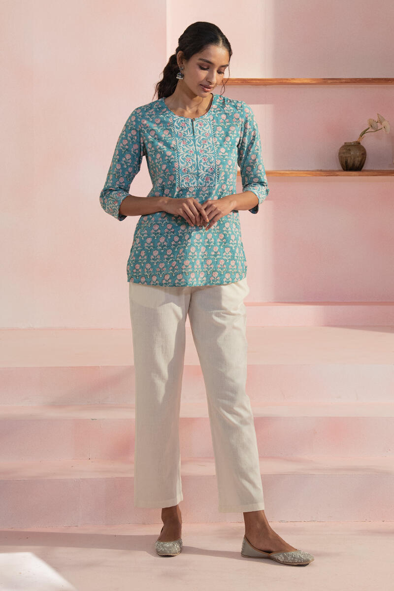 Blue Block Printed Cotton Top