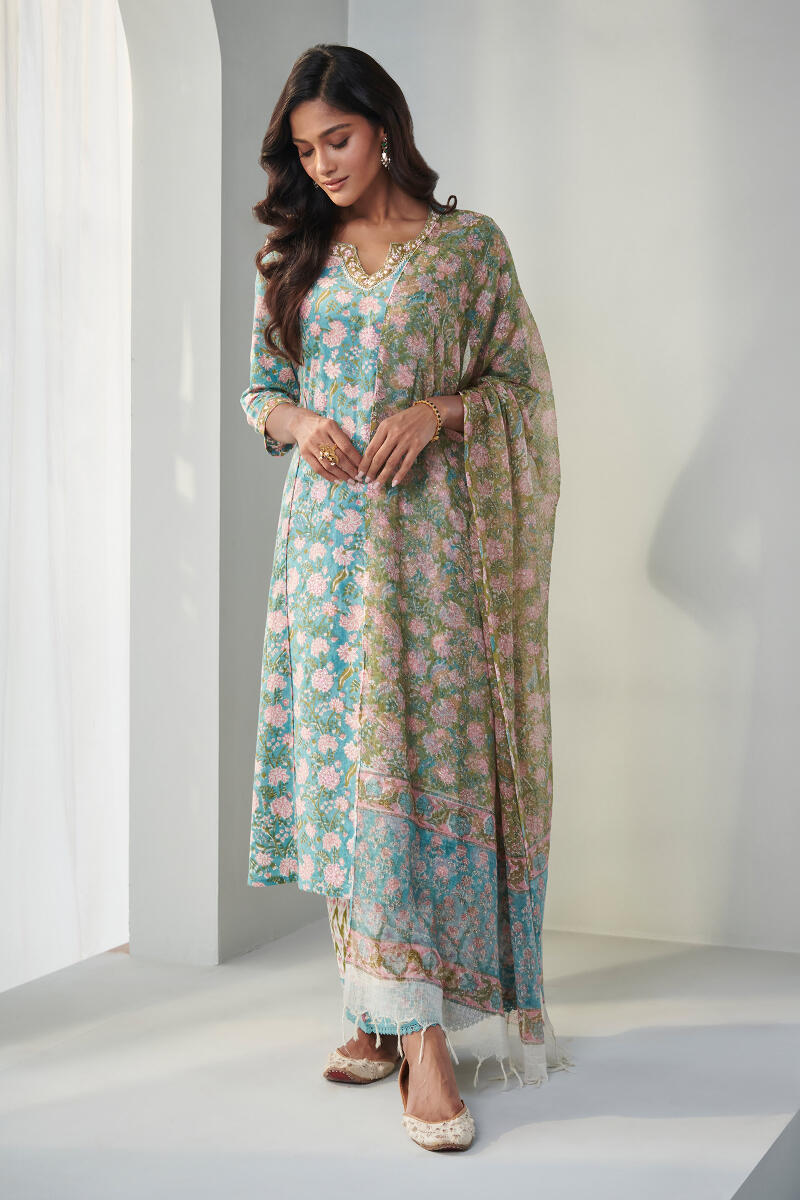 Green Block Printed Kota Dupatta
