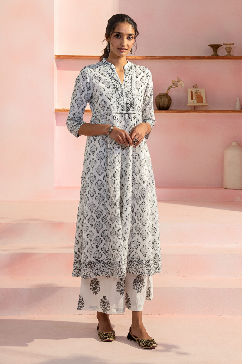 White Block Printed A-Line Cotton Kurta