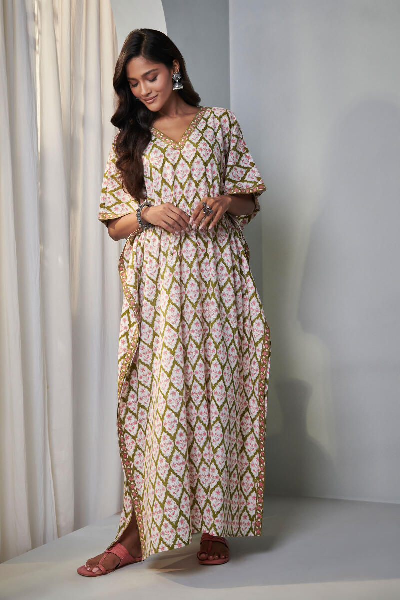 Green Block Printed Cotton Kaftan