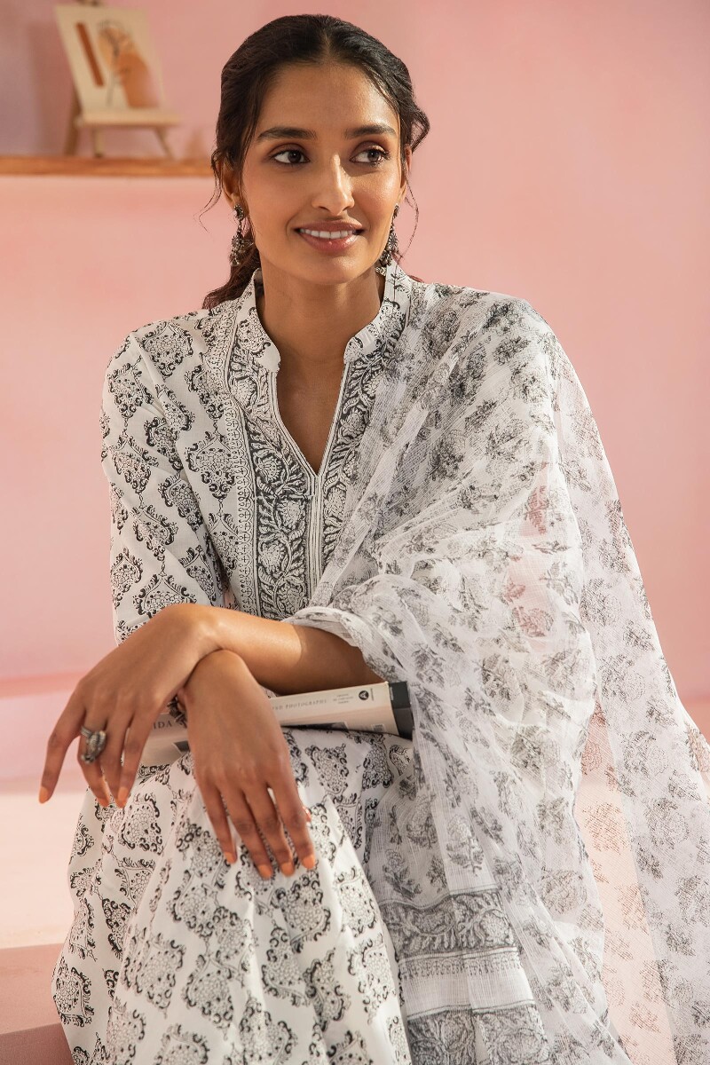 White Block Printed A-Line Cotton Kurta