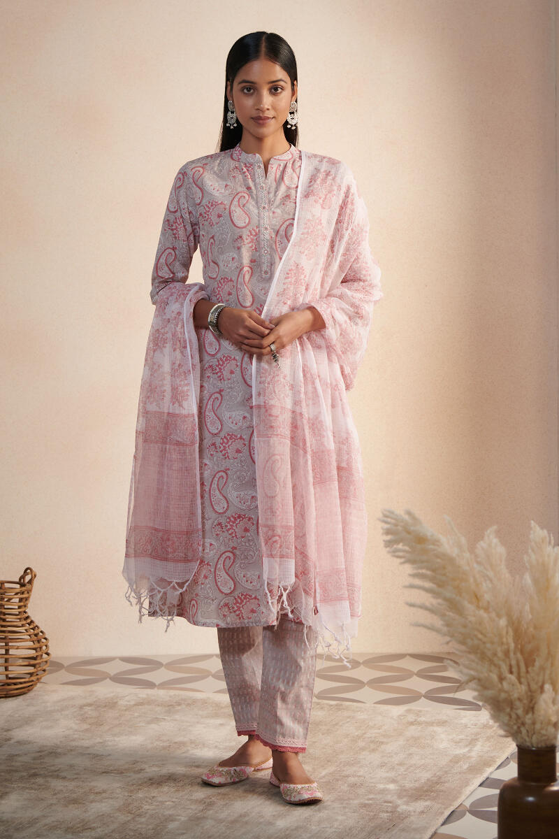 White Block Printed Kota Dupatta