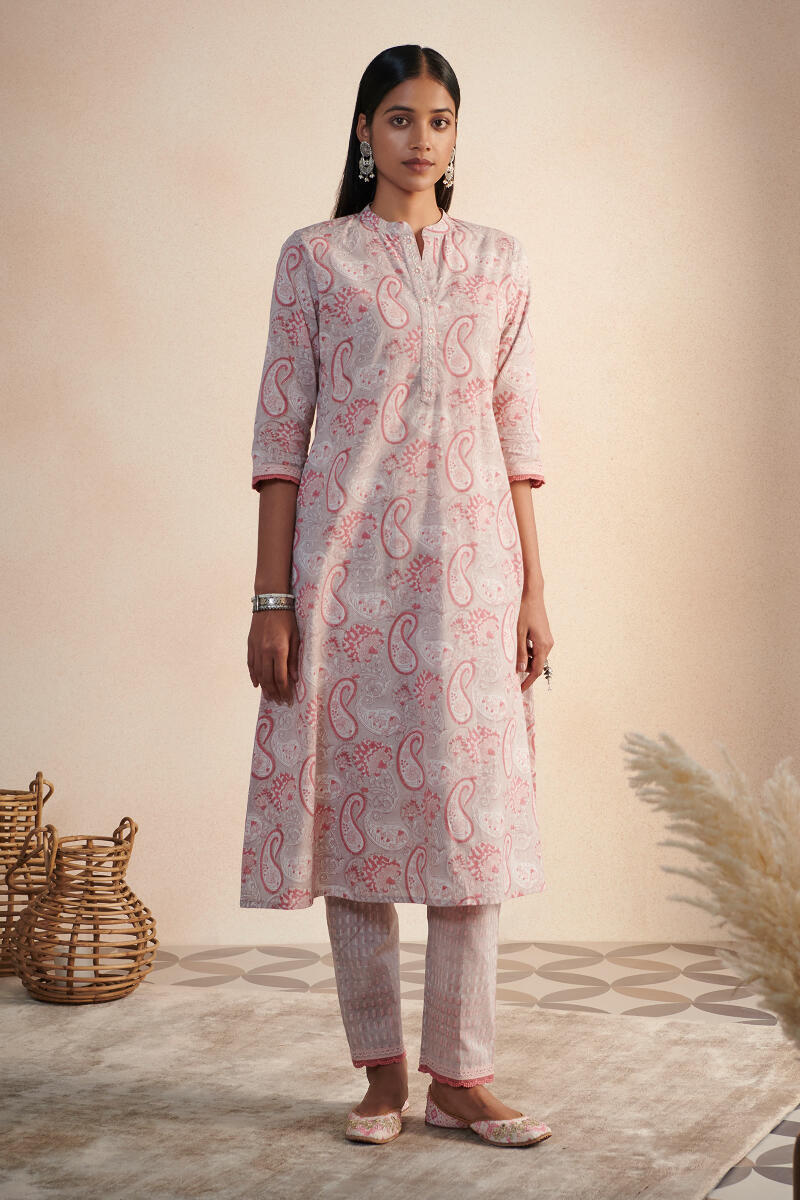 Grey Block Printed Straight Cotton Kurta