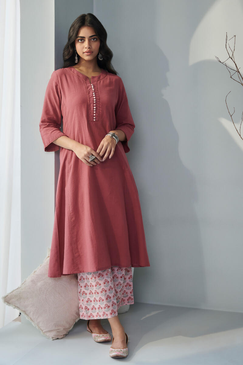 Red Handcrafted A-Line Cotton Kurta