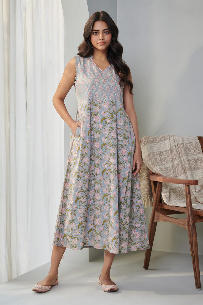 Grey Block Printed Cotton Dress