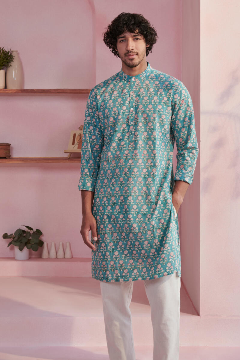 Blue Block Printed Cotton Kurta