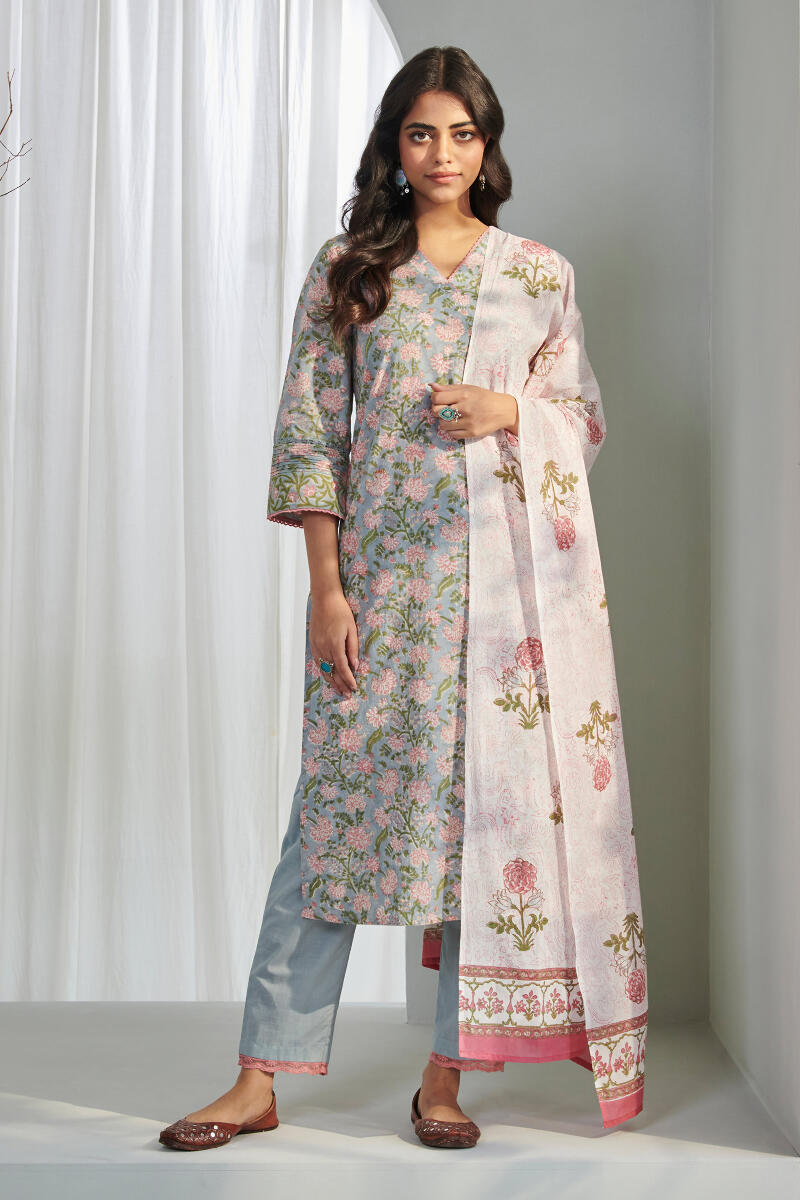 Pink Block Printed Cotton Dupatta