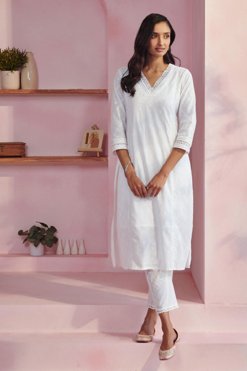 White Handcrafted Straight Cotton Kurta