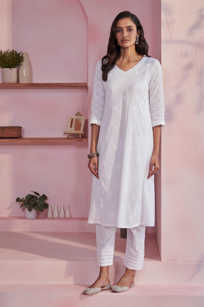 White Handcrafted A-Line Cotton Kurta