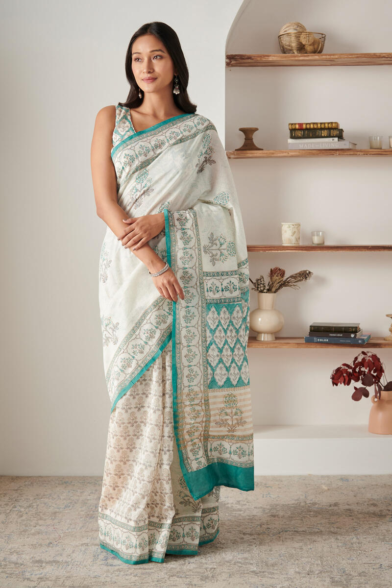 Blue Block Printed Chanderi Saree