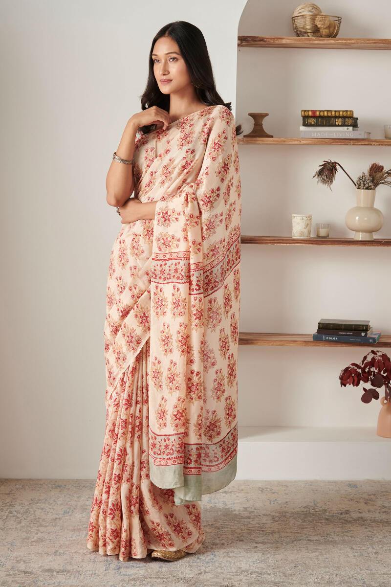 Beige Block Printed Modal Saree