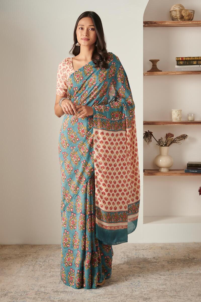 Blue Block Printed Modal Saree