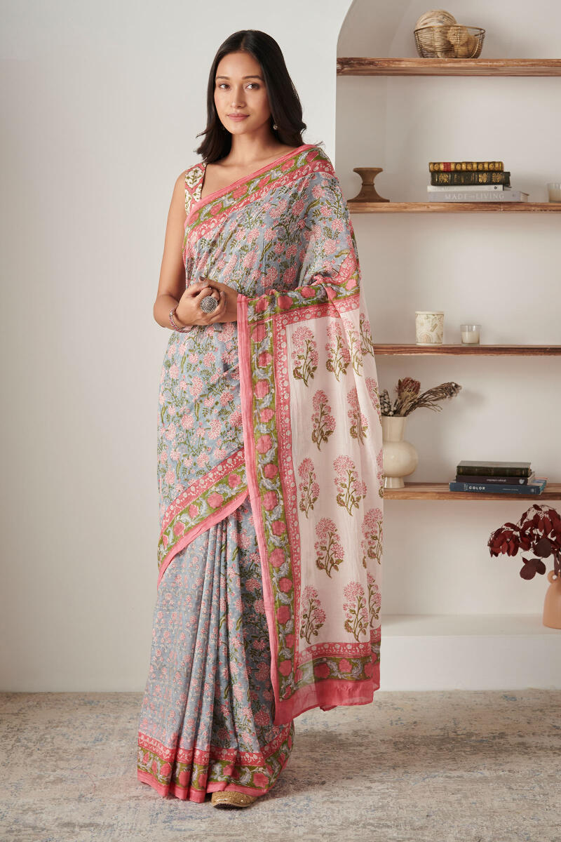 Pink Block Printed Cotton Silk Saree