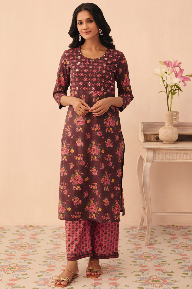 Brown Printed Straight Cotton Kurta