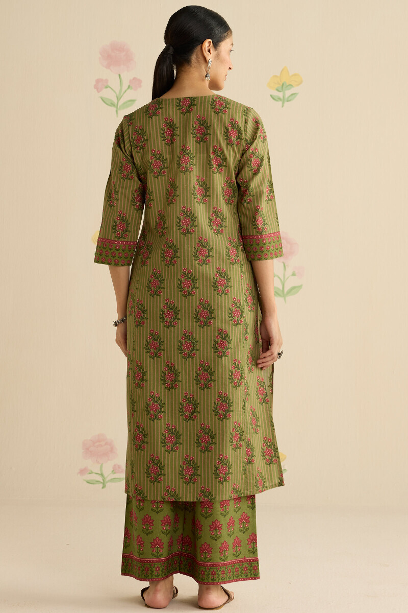 Green Printed Straight Cotton Kurta