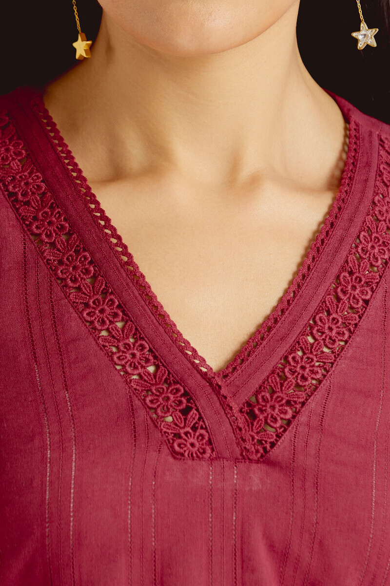 Red Handcrafted Straight Cotton Dobby Kurta