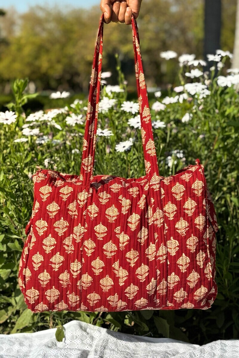 Red Hand Block Printed Viscose Holdall Bag