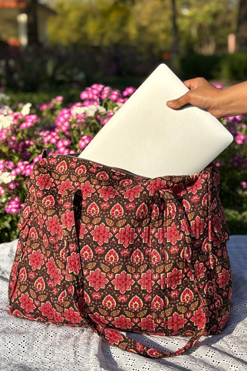 Brown Hand Printed Cotton Holdall Bag