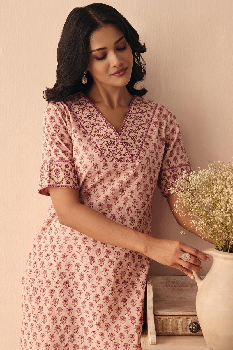 Pink Hand Printed Straight Cotton Dobby Kurta