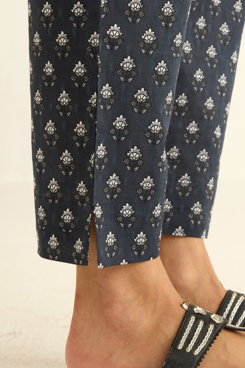 Grey Hand Printed Cotton Dobby Narrow Pants