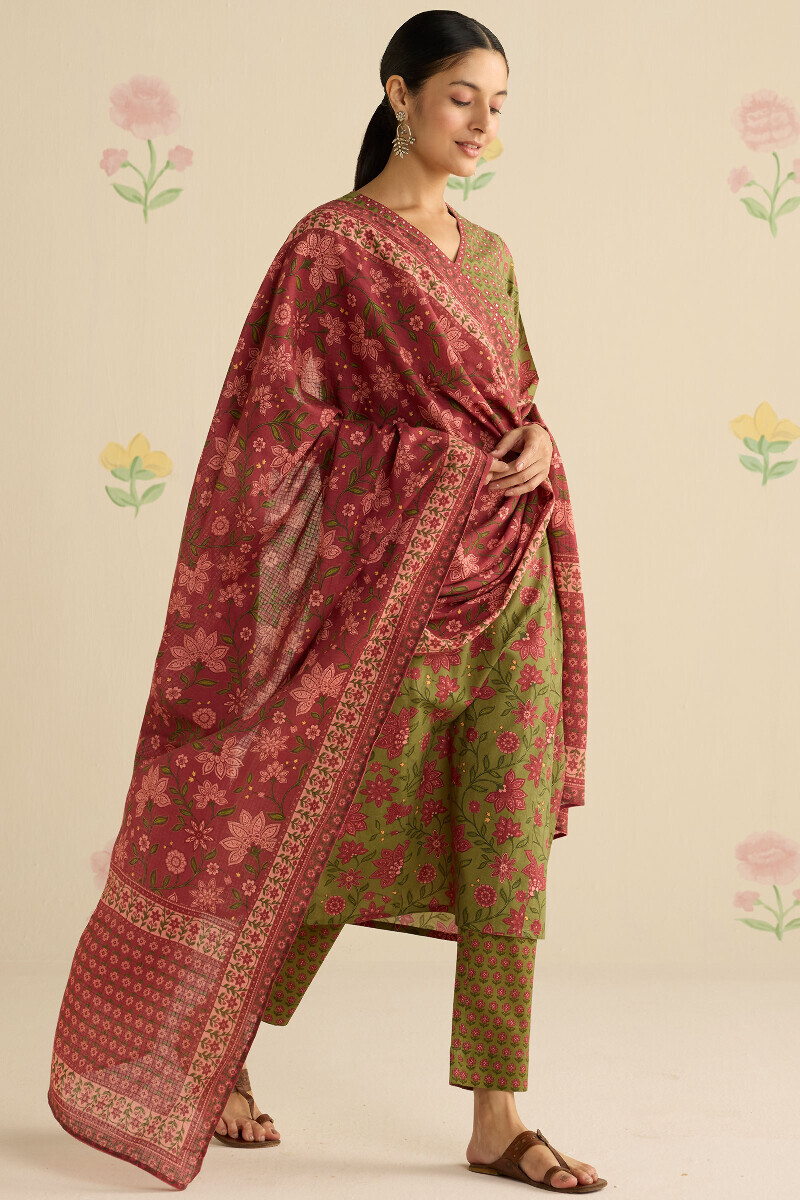 Green Printed Straight Cotton Kurta