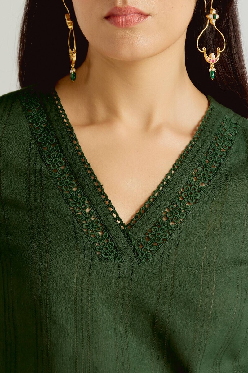 Green Handcrafted Straight Cotton Dobby Kurta