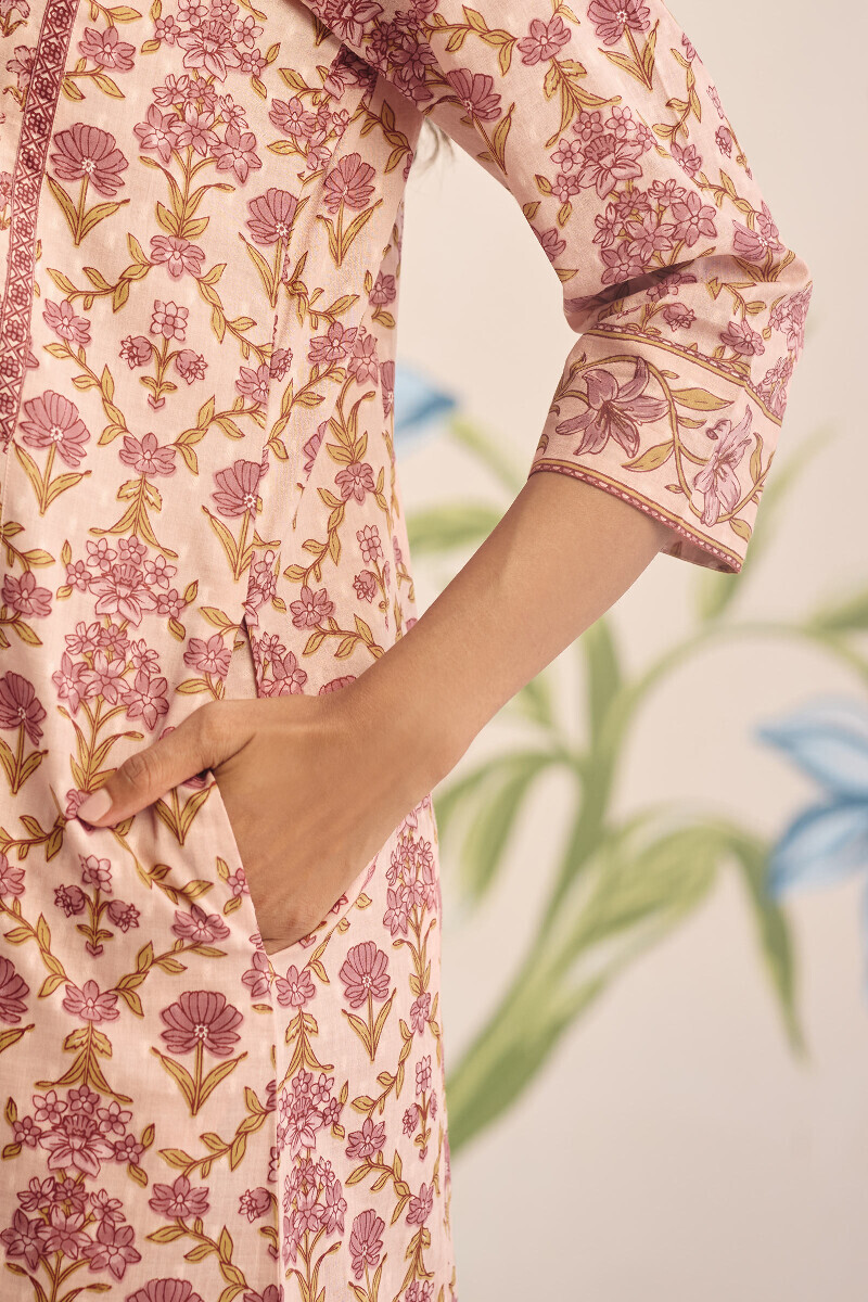 Pink Hand Printed Cotton Dobby Kaftan