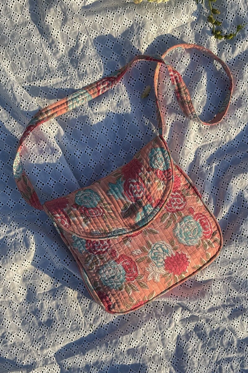 Peach Hand Block Printed Cotton Cross Body Bag