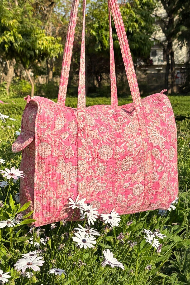 Pink Hand Block-Printed Cotton Duffel Bag