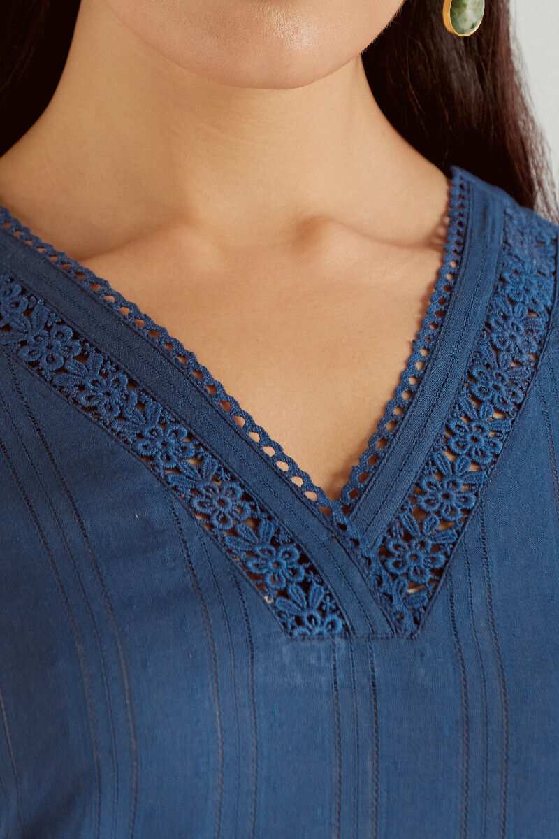 Blue Handcrafted Straight Cotton Dobby Kurta