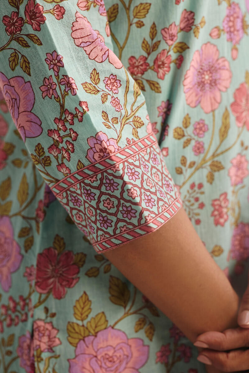 Blue Hand Printed Straight Cotton Kurta