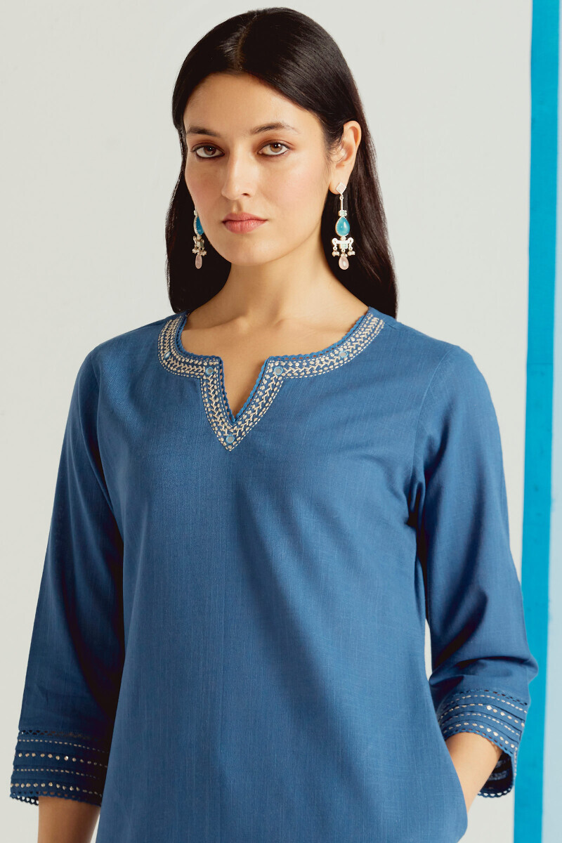 Blue Handcrafted Straight Gauze Slub Kurta