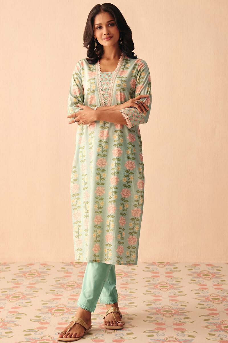 Blue Printed Straight Cotton Kurta