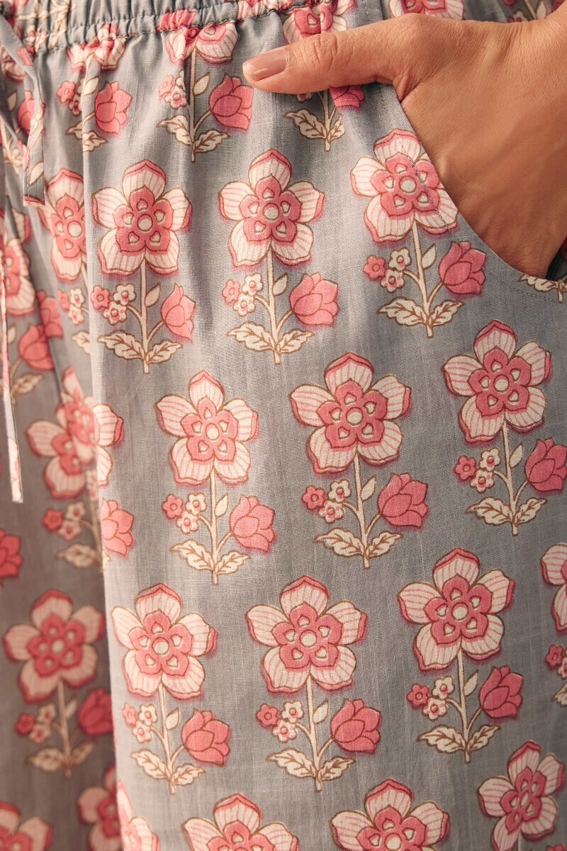 Grey Hand Printed Cotton Slub Farsi