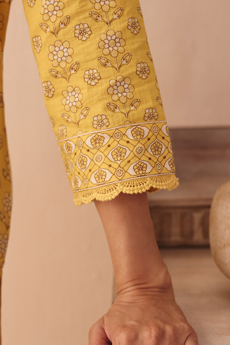 Yellow Hand Printed Straight Cotton Kurta