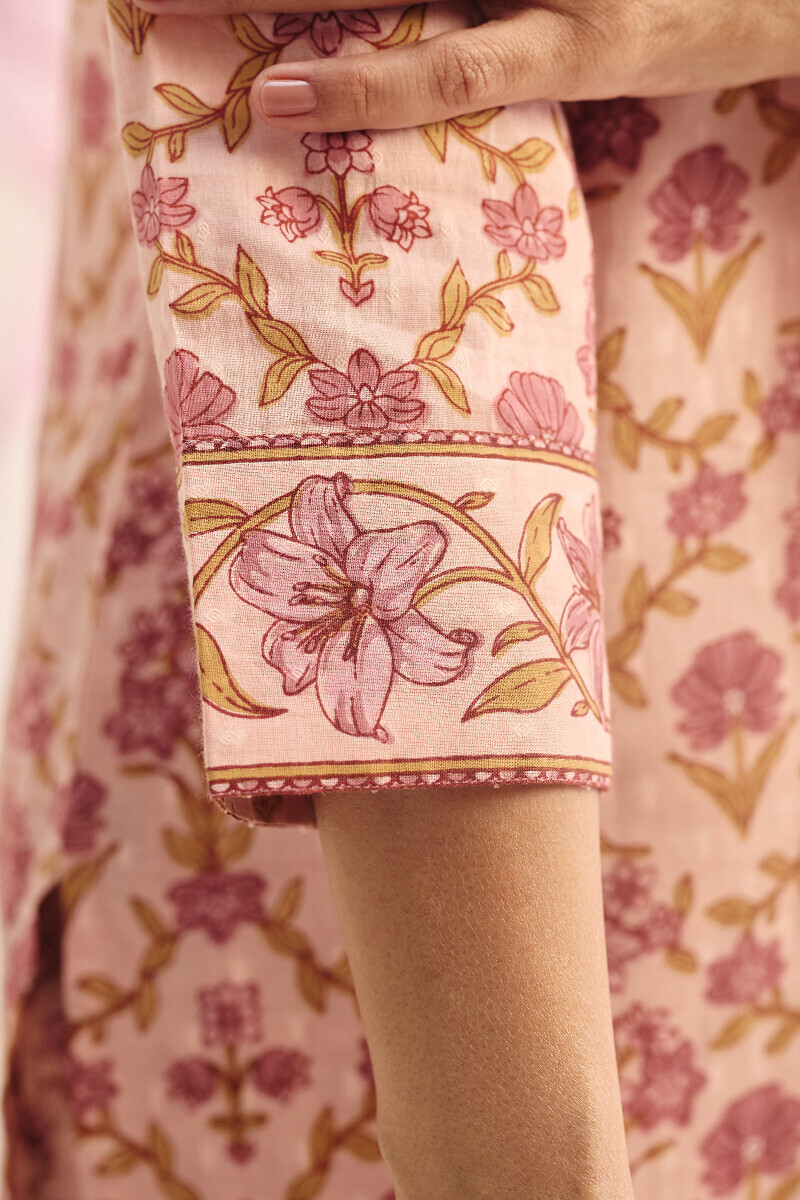 Pink Hand Printed Cotton Dobby Loungewear Set