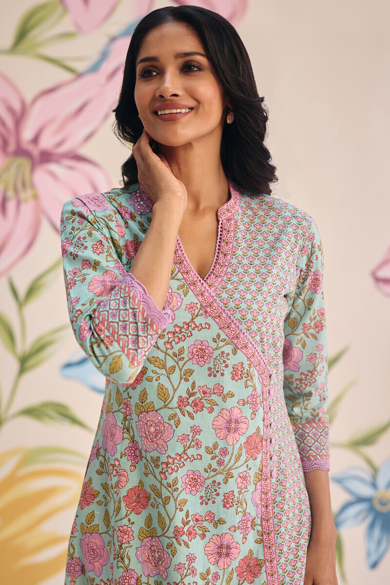 Blue Hand Printed Angrakha Cotton Kurta