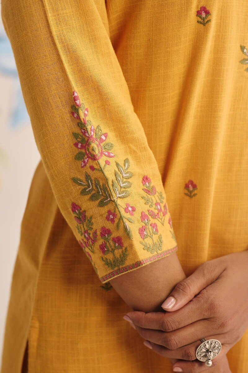 Mustard Handcrafted Straight Gauze Slub Kurta