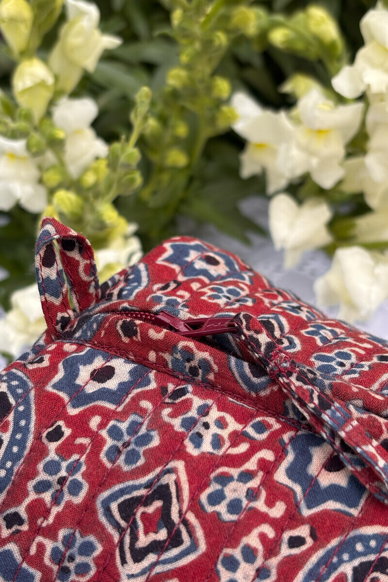Red Hand Block Printed Cotton Toiletry Pouch