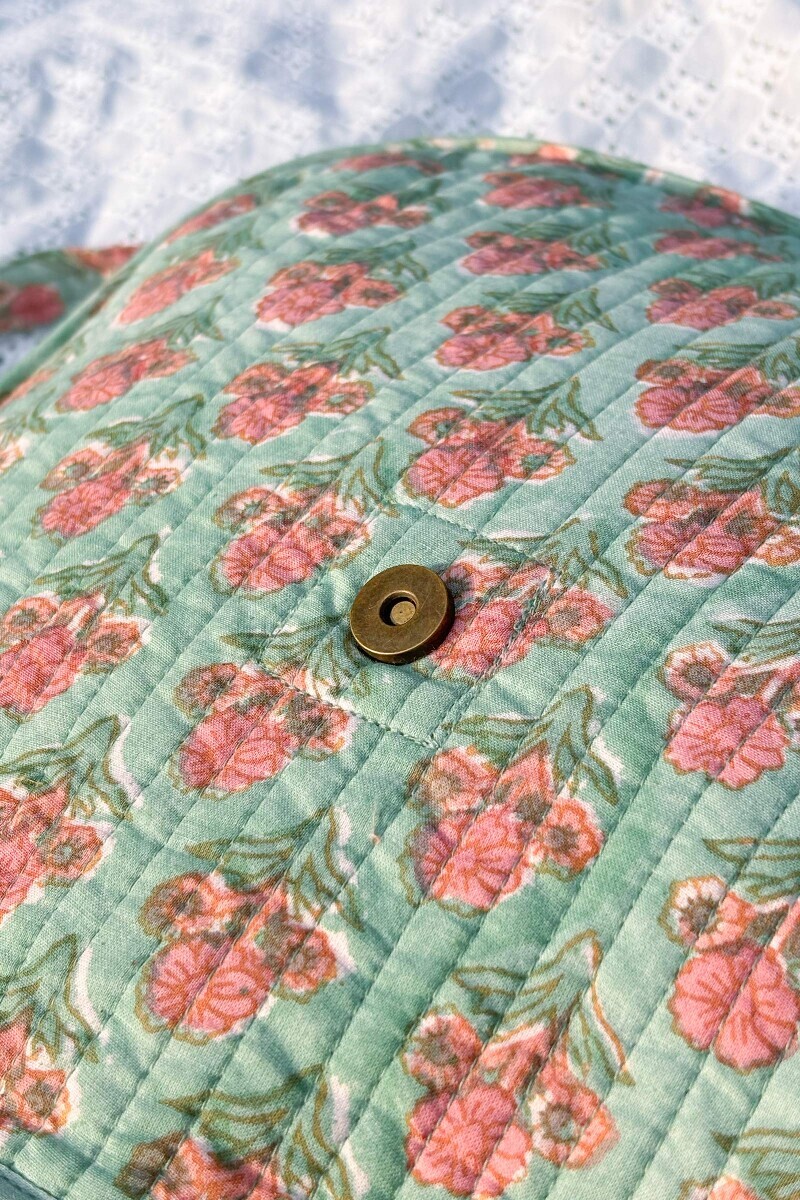 Green Hand Block Printed Cotton Cross Body Bag