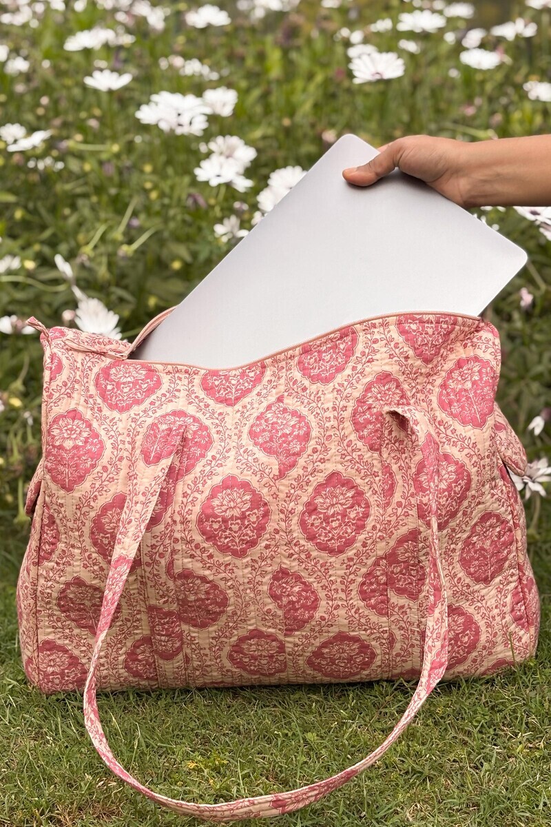 Pink Hand Printed Cotton Slub Holdall Bag