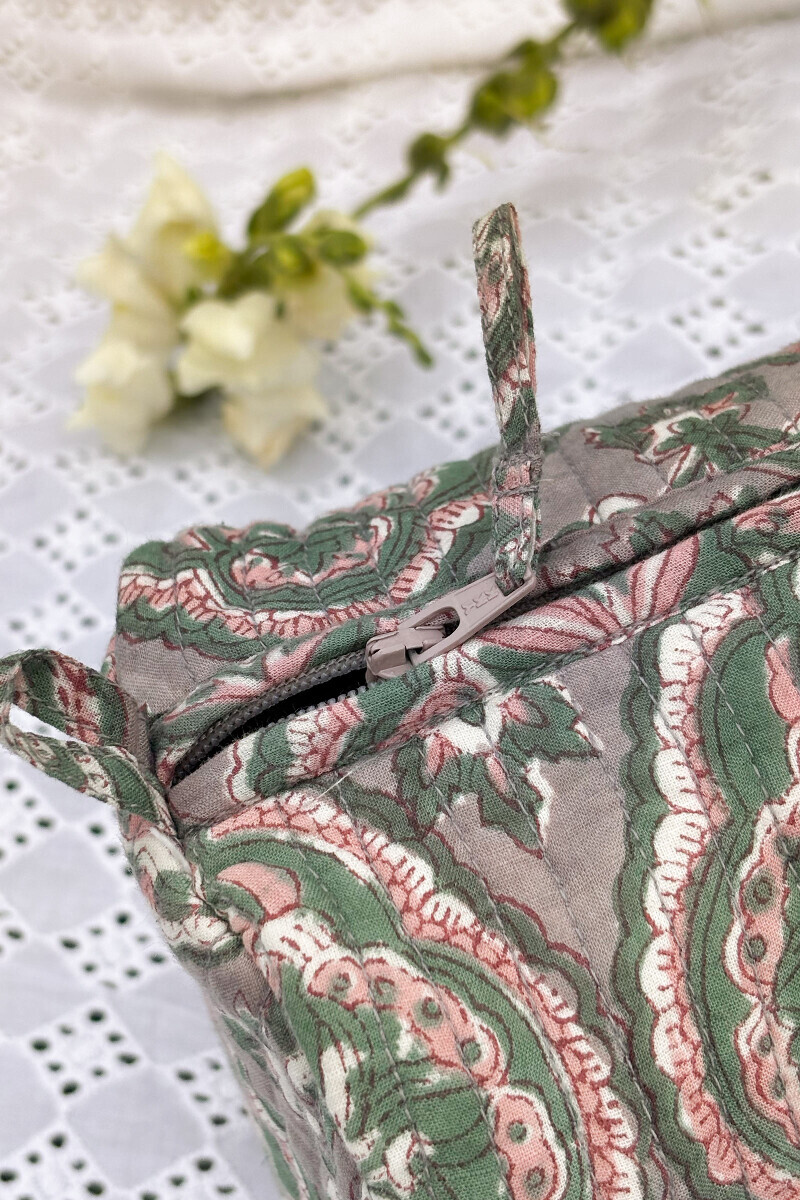 Grey Hand Block-Printed Cotton Slub Vanity Pouch