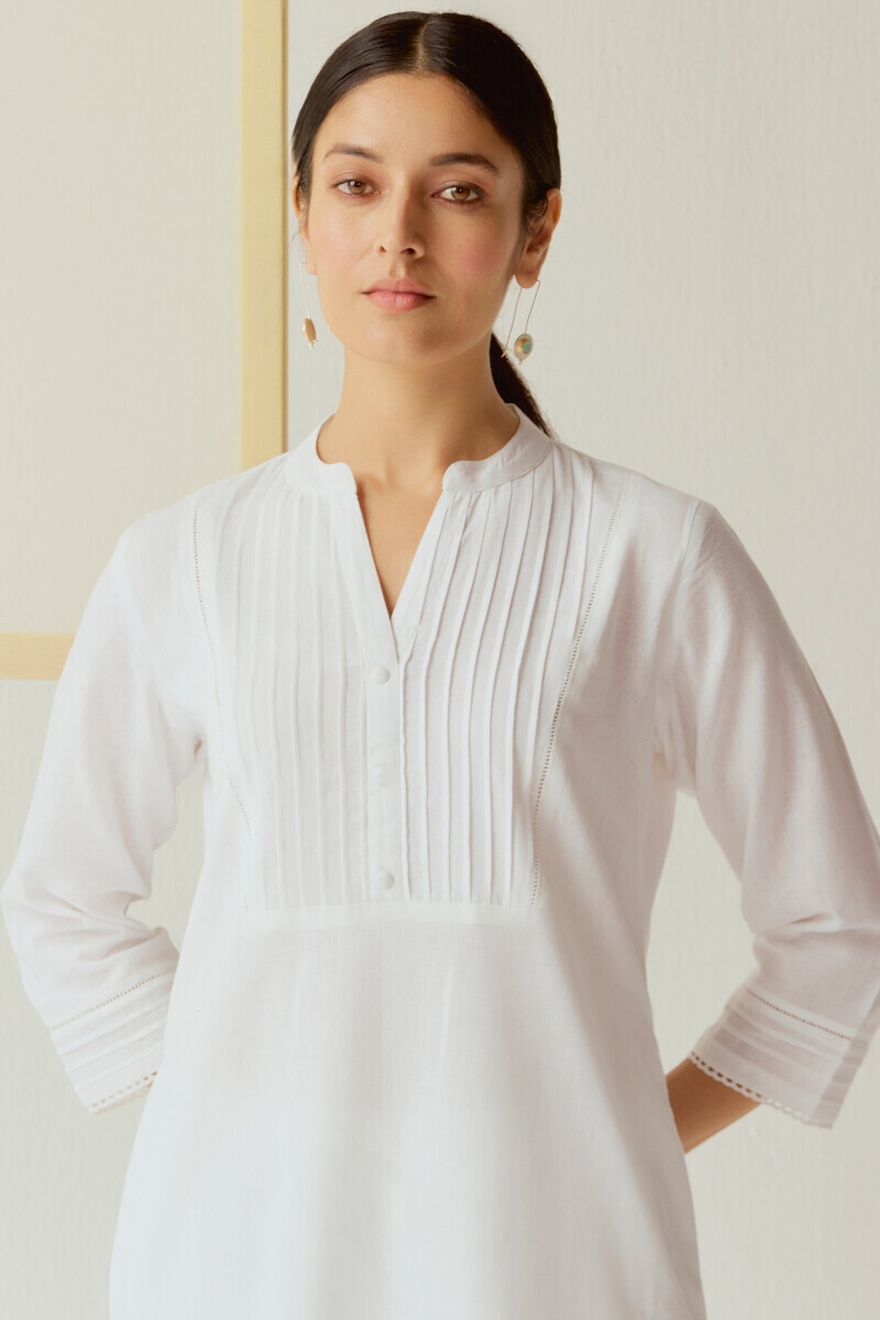White Handcrafted Straight Cotton Flax Kurta