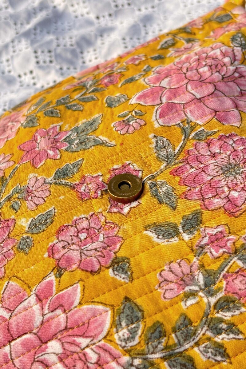 Yellow Hand Block Printed Cotton Cross Body Bag
