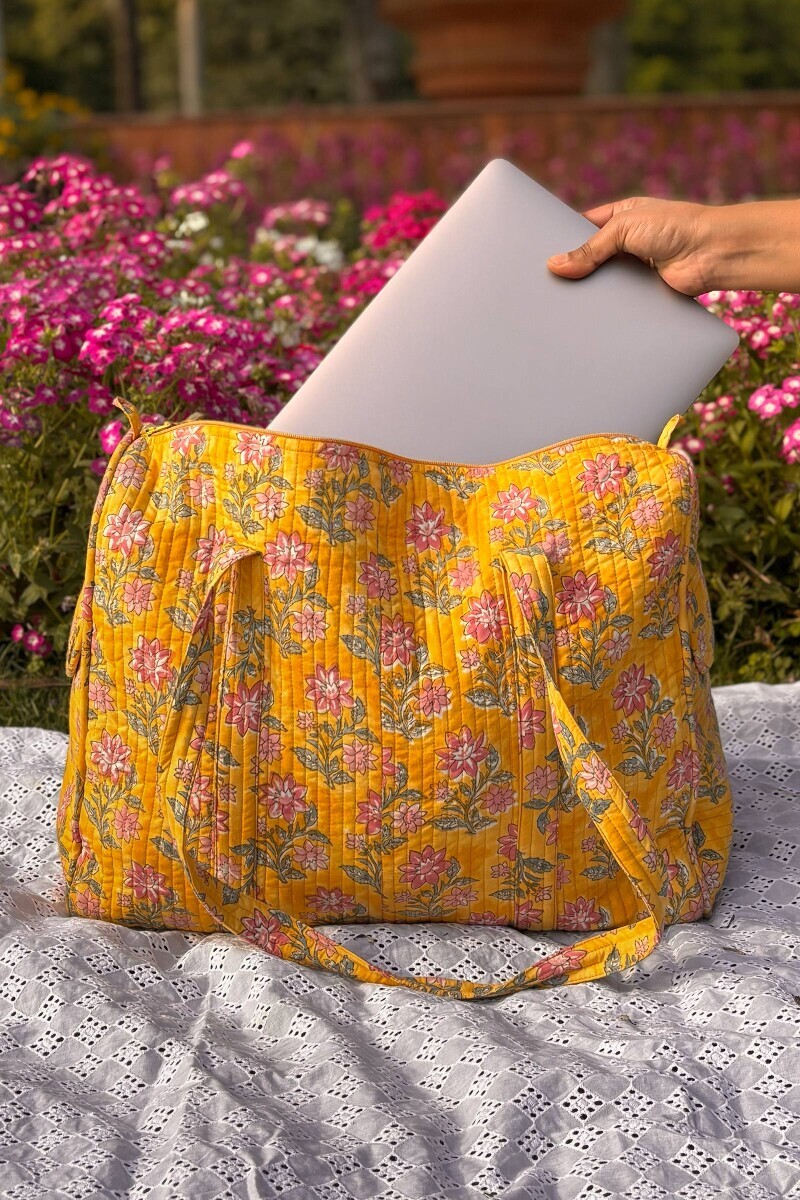 Yellow Hand Block Printed Cotton Holdall Bag