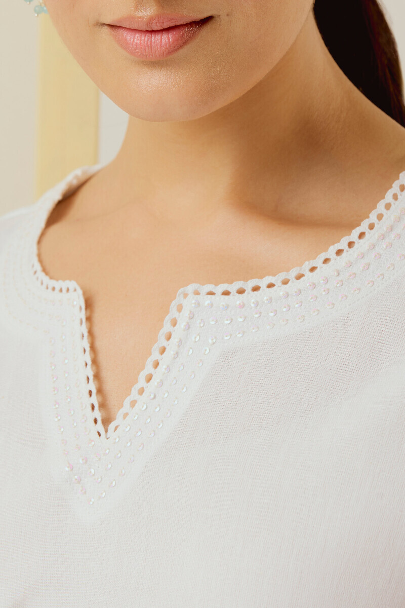 White Handcrafted Straight Cotton Flax Kurta