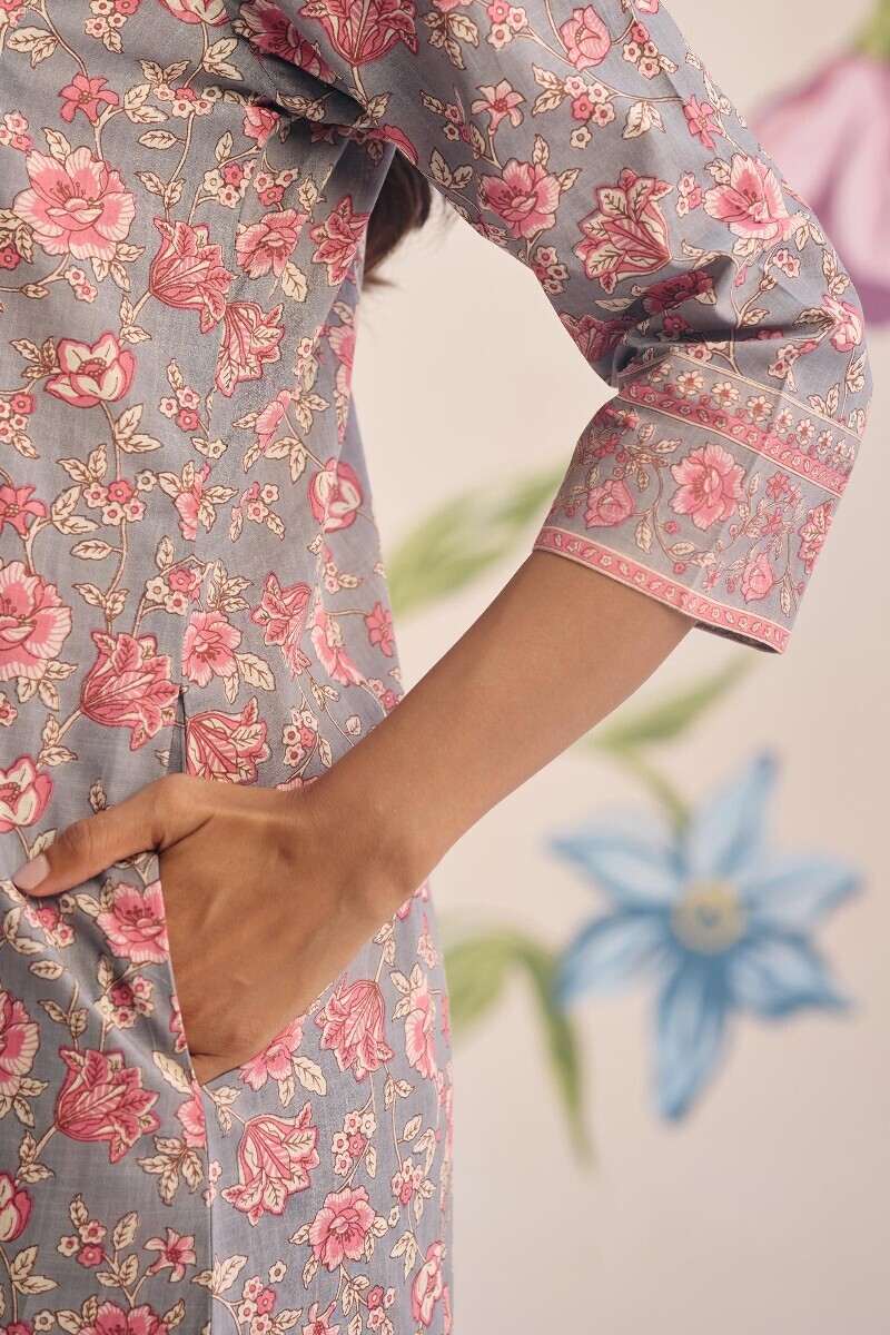 Grey Hand Printed Cotton Slub Kaftan