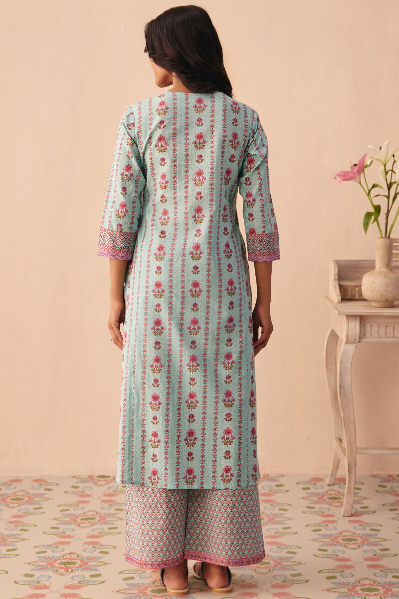 Blue Hand Printed Straight Cotton Kurta