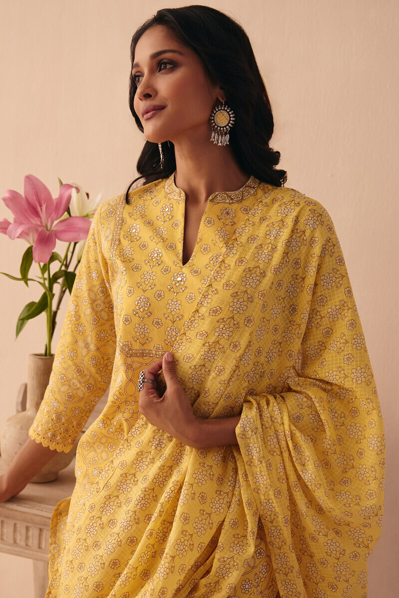 Yellow Hand Printed Straight Cotton Kurta